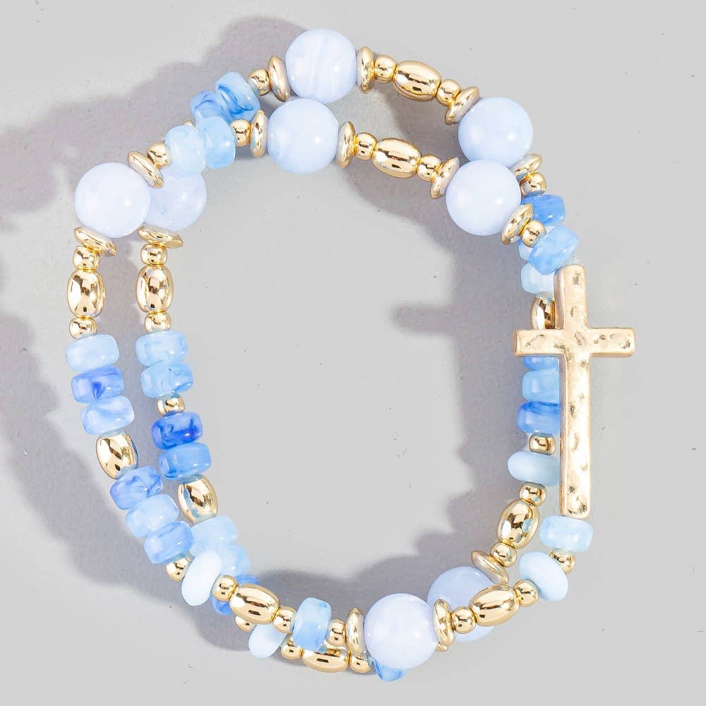 Light Blue Cross Beaded Bracelet Stack of 2